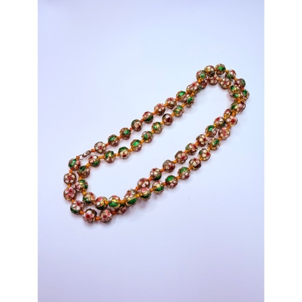 Vintage Gold Tone Cloisonné Floral Bead Necklace – Hand Knotted Enamel Beads 30"